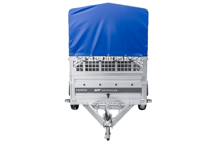 Einachsanhänger 230x125 UNITRAILER FORCE 230 KIPP mit Gitterseitenwänden, H-0-Rahmen und blauer Plane
