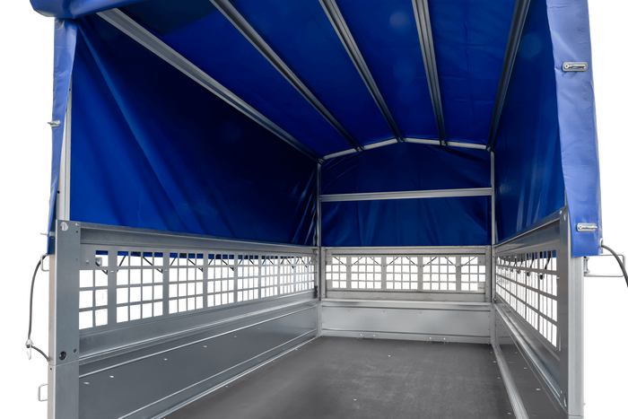 PKW-Anhänger 230x125 UNITRAILER GARDEN 230 KIPP mit Gitterseitenwänden und blauer Hochplane 80 cm