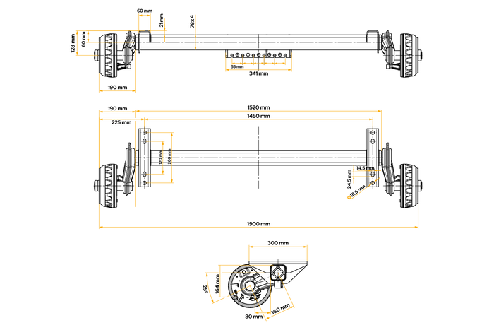 KNOTT VGB13-M gebremste Achse für Anhänger/Träger 1350 kg 1450 mm 1900 mm 5x112