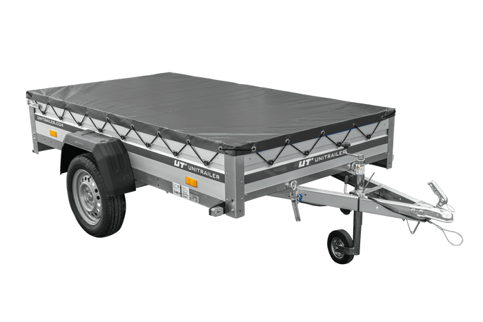 Einachsanhänger mit Aluminiumseitenwänden 230x125 Unitrailer Garden 230 KIPP ALU mit H-0-Rahmen und grauer Plane