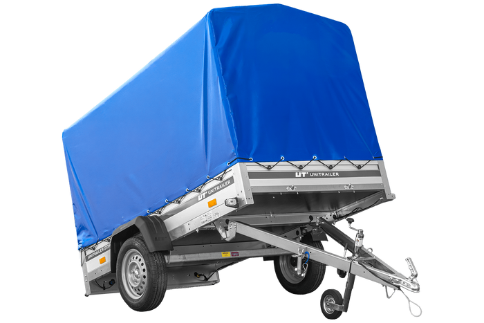 Autotransportanhänger mit ALU-Bordwänden 230x125 Unitrailer Garden 230 KIPP ALU mit H1100-Rahmen und blauer Plane