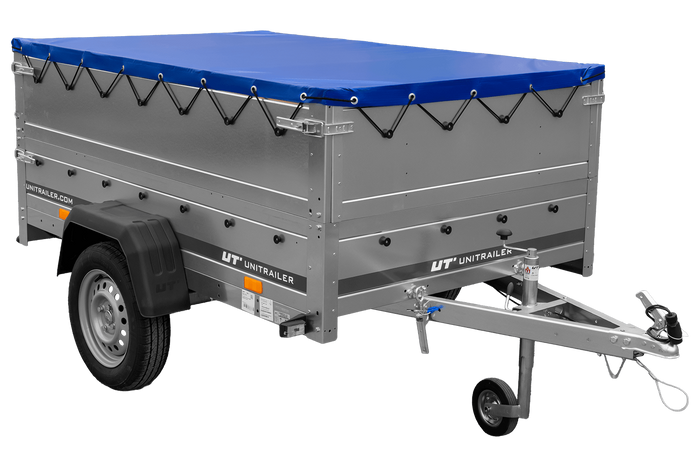 Autotransportanhänger 200x125 UNITRAILER GARDEN 201 KIPP mit BIS-Seitenwänden und blauer Plane