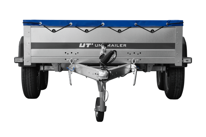 GARDEN TRAILER 264/2 KIPP MIT STÜTZRAD, PLANENTRÄGER UND BLAUER FLACHPLANE