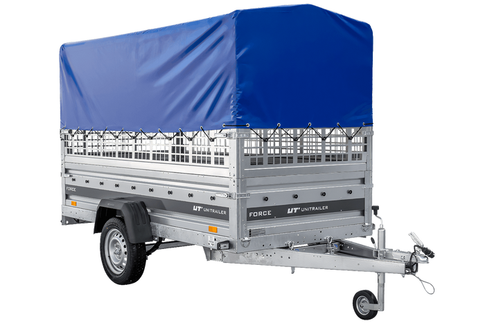Autotransportanhänger auf Federn 264x125 UNITRAILER FORCE 264/R KIPP mit Gitterwänden, H-800 Rahmen und blauer Plane