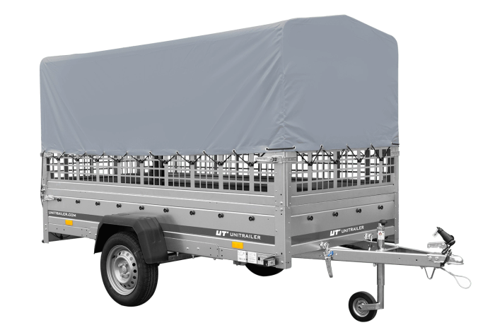 Autotransportanhänger auf Federn 264x125 UNITRAILER GARDEN 264/R KIPP mit Gitterwänden, H-800 Rahmen und grauer Plane