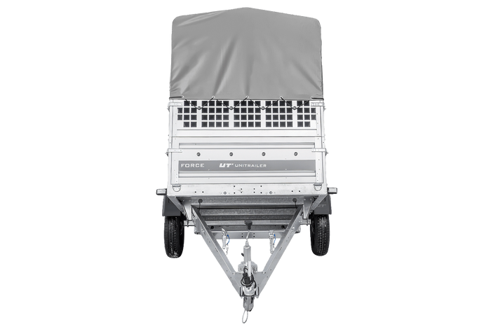 Einachsanhänger 230x125 UNITRAILER FORCE 230 KIPP mit Gitterseitenwänden, H-800 Rahmen und grauer Plane