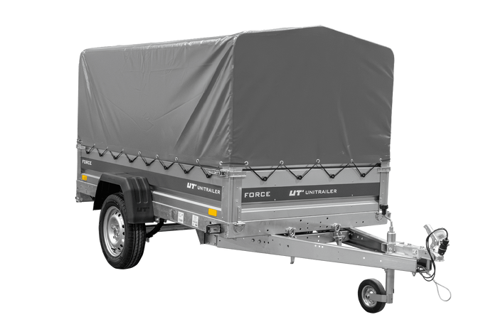 Anhänger mit Blattfedern 230x125 UNITRAILER FORCE 230/R KIPP ungebremst mit H-800 Spriegel und grauer Hochplane