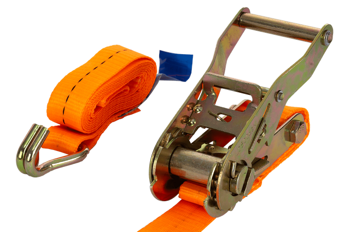 Satz aus vier orangefarbenen UNITRAILER-Transportgurten (2 m/25 mm/1 t) mit Spannvorrichtung