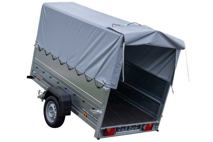PKW-Anhänger 230x125 UNITRAILER GARDEN 230 KIPP mit Zusatzbordwändenund grauer Hochplane 80 cm