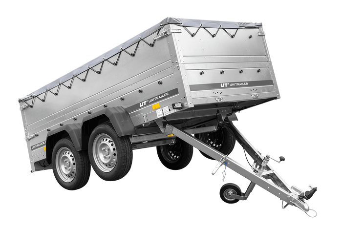 GARTENANHÄNGER 264/2 KIPP Zweiachs-Anhänger mit Stützrad, H-0-Rahmen, zusätzlichen Bordwänden und grauer Plane