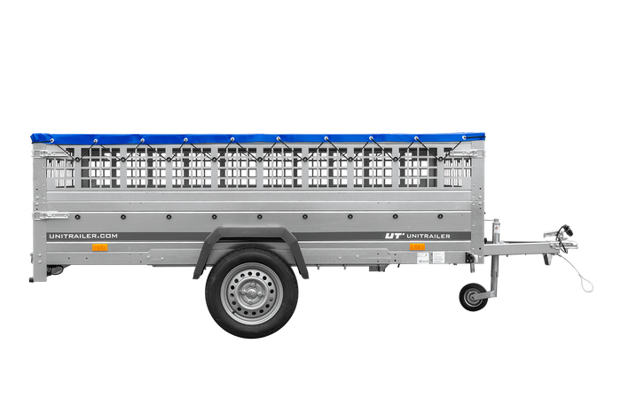 Anhänger 264x150 UNITRAILER GARDEN 265 KIPP mit Gitteraufsatz, Flachplanenträgern und blauer Plane