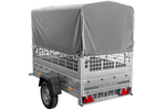 Autotransportanhänger 200x106 UNITRAILER GARDEN 200 KIPP mit Gitterwänden, H-800 Rahmen und grauer Plane