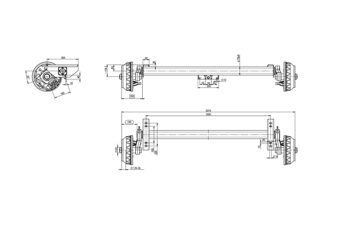 KNOTT VGB18MV gebremste Achse für schwere Anhänger und Autotransporter 1800kg 1600mm 2070mm 5x112