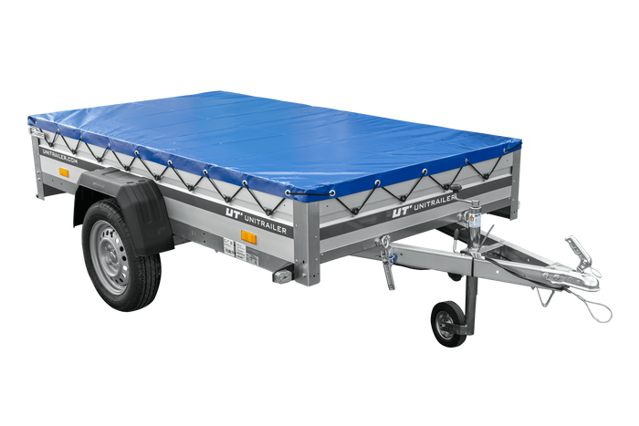 Einachsanhänger mit Aluminiumseitenwänden 230x125 Unitrailer Garden 230 KIPP ALU mit H-0-Rahmen und blauer Plane