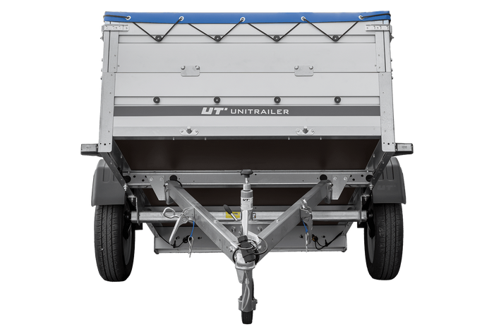 Autotransportanhänger mit Aluminiumwänden 200x125 Unitrailer Garden 201 KIPP ALU mit BIS-Seitenwänden, H-0-Rahmen und blauer Plane