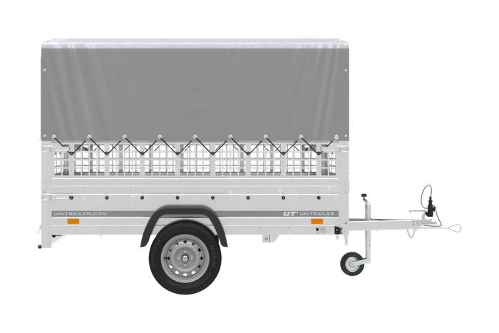 Planenanhänger 230x125 Garden Trailer 230 KIPP mit Laubgitteraufsatz, grauer Hochplane, Hochspriegel und Stützrad