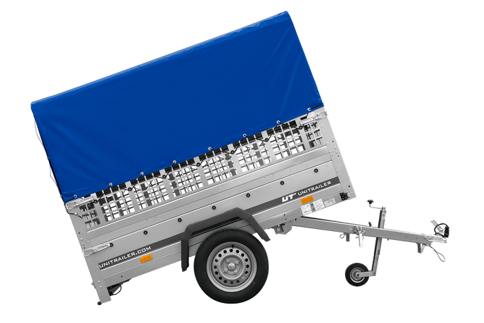 PKW-Anhänger 200x125 UNITRAILER GARDEN 201 KIPP mit Gitteraufsatz und blauer Hochplane