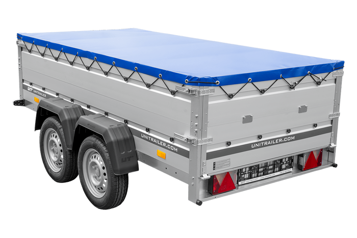 Zweiachsiger Anhänger mit Aluminiumseitenwänden 264x125 Unitrailer Garden 264/2 KIPP ALU mit BIS-Seitenwänden, H-0-Rahmen und blauer Plane