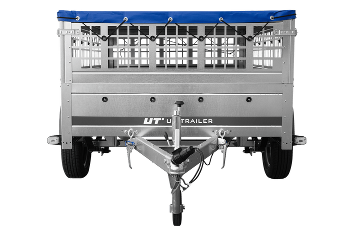 PKW-Anhänger auf Federn 200x125 UNITRAILER GARDEN 201/R KIPP mit Gitterwänden, H-0-Rahmen und blauer Plane