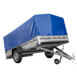 Einachsanhänger mit Aluminiumseitenwänden 264x150 Unitrailer Garden 265 KIPP ALU mit H-800 Rahmen und blauer Plane
