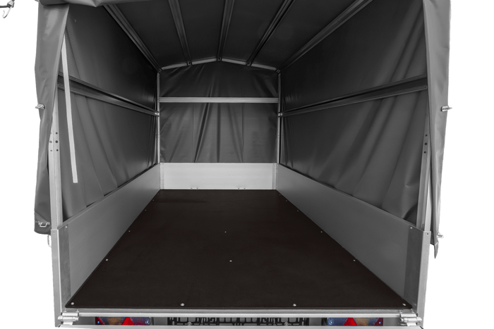 Autotransportanhänger mit Aluminiumwänden 230x125 Unitrailer Garden 230 KIPP ALU mit H1100-Rahmen und grauer Plane