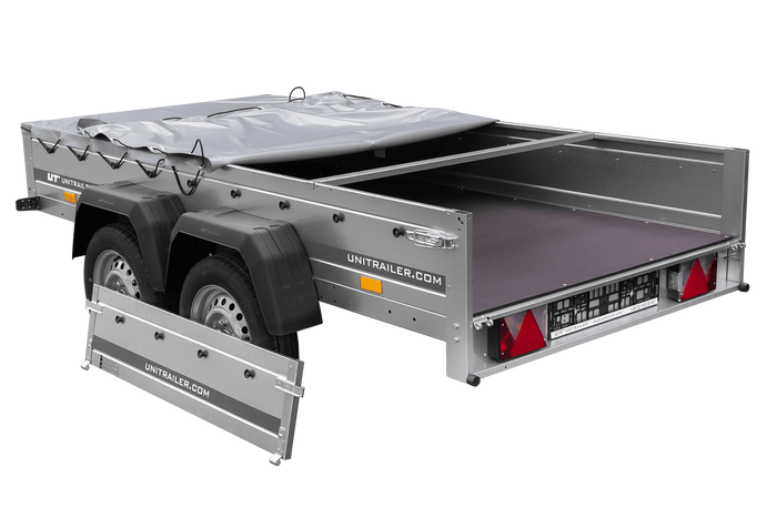 GARDEN TRAILER 264/2 KIPP MIT STÜTZRAD, GRAUE FLACHPLANE UND PLANENTRÄGER