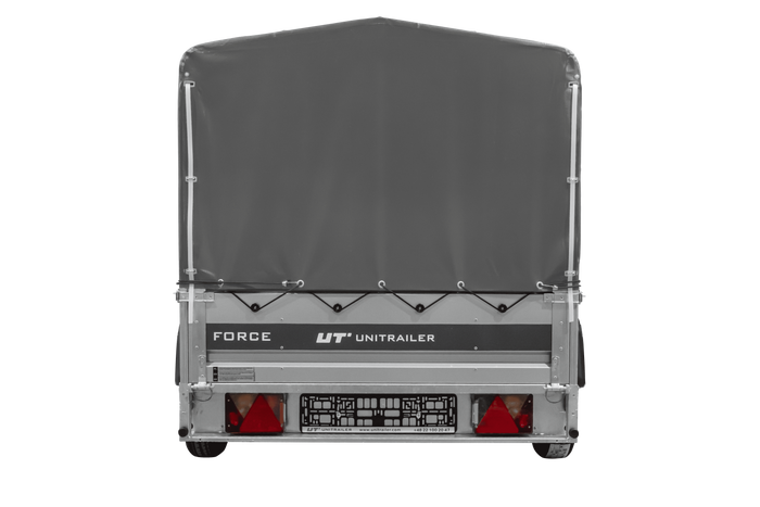 Anhänger mit Blattfedern 230x125 UNITRAILER FORCE 230/R KIPP ungebremst mit H-800 Spriegel und grauer Hochplane
