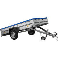 EINACHS-TIEFLADER GARDEN TRAILER 264 KIPP MIT STÜTZRAD, QUERSTREBEN UND BLAUER FLACHPLANE