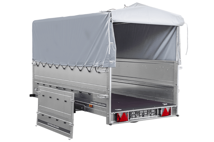 Leichtanhänger auf Federn 264x125 UNITRAILER GARDEN 264/R KIPP mit BIS-Seiten, H-800-Rahmen und grauer Plane