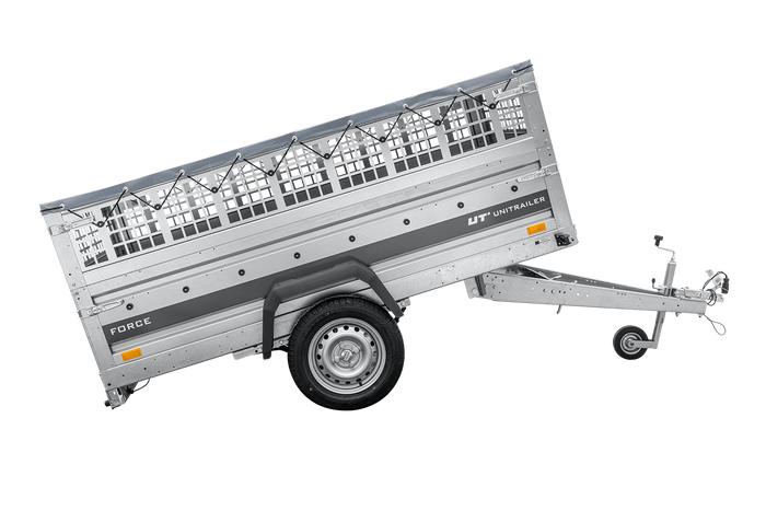 Leichter Anhänger auf Federn 230x125 UNITRAILER FORCE 230/R KIPP mit Gitterwänden, H-0-Rahmen und grauer Plane