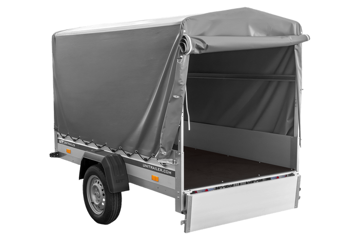 Autotransportanhänger mit Aluminiumwänden 230x125 Unitrailer Garden 230 KIPP ALU mit H1100-Rahmen und grauer Plane