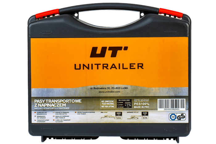 Set aus vier orangefarbenen UNITRAILER 4m/25mm/0,68t Transportgurten mit Spannvorrichtung im Koffer