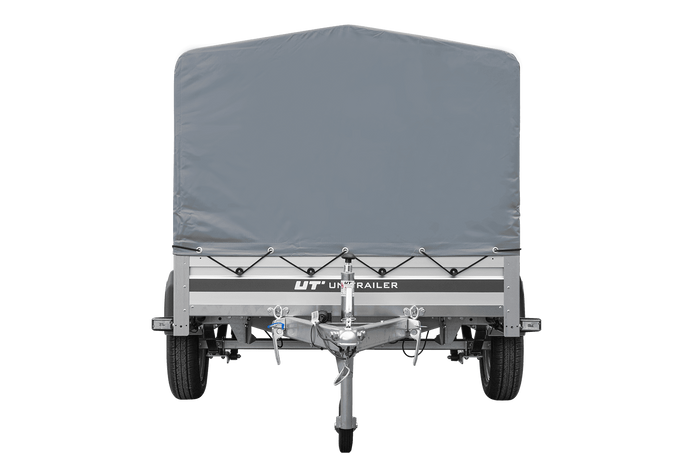 Einachsiger Anhänger auf Blattfedern mit Aluminiumseitenwänden 230x125 Unitrailer Garden 230/R KIPP ALU mit H-800 Rahmen und grauer Plane