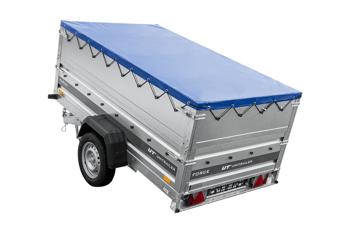 Autotransportanhänger auf Federn 230x125 UNITRAILER FORCE 230/R KIPP mit BIS-Seitenwänden, H-0-Rahmen und blauer Plane