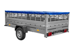 Anhänger 264x150 UNITRAILER GARDEN 265 KIPP mit Gitteraufsatz, Flachplanenträgern und blauer Plane