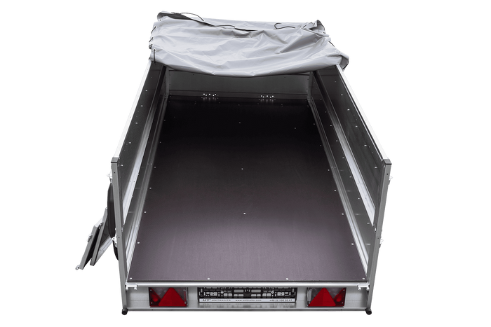 GARTENANHÄNGER 264/2 KIPP Zweiachs-Anhänger mit Stützrad, H-0-Rahmen, zusätzlichen Bordwänden und grauer Plane