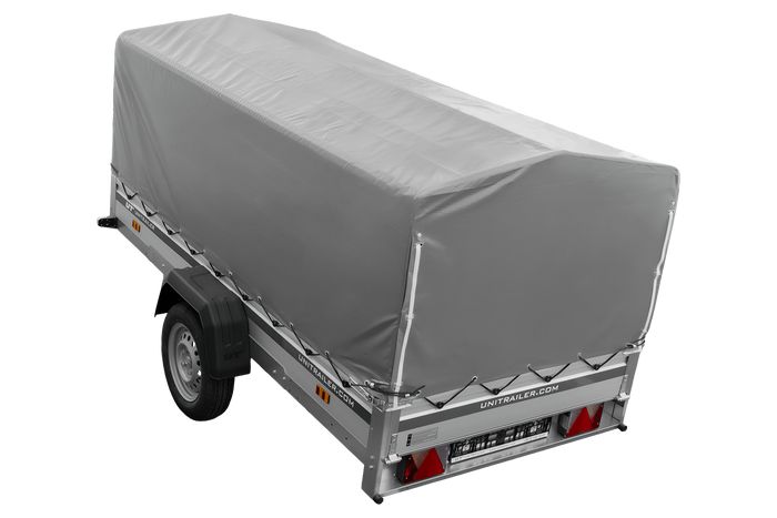 Einachsanhänger mit Aluminiumseitenwänden 264x125 Unitrailer Garden 264 KIPP ALU mit H-800 Rahmen und grauer Plane