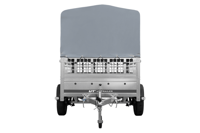 Einachsanhänger auf Federn 200x125 UNITRAILER GARDEN 201/R KIPP mit Gitterwänden, H-800-Rahmen und grauer Plane