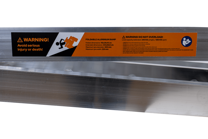 UNITRAILER ALR003 Klappbare Aluminiumrampe für Anhänger, 221 cm, 340 kg, mit Gurt und Stütze