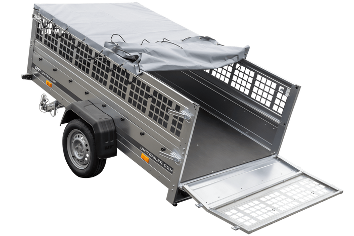 PKW-Anhänger 230x125 UNITRAILER GARDEN 230 KIPP mit Gitterseitenwänden und grauer Plane