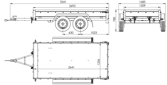 Przyczepka dwuosiowa 264x125 UNITRAILER GARDEN 264/2 KIPP ze stelażem H-1100 i plandeką niebieską