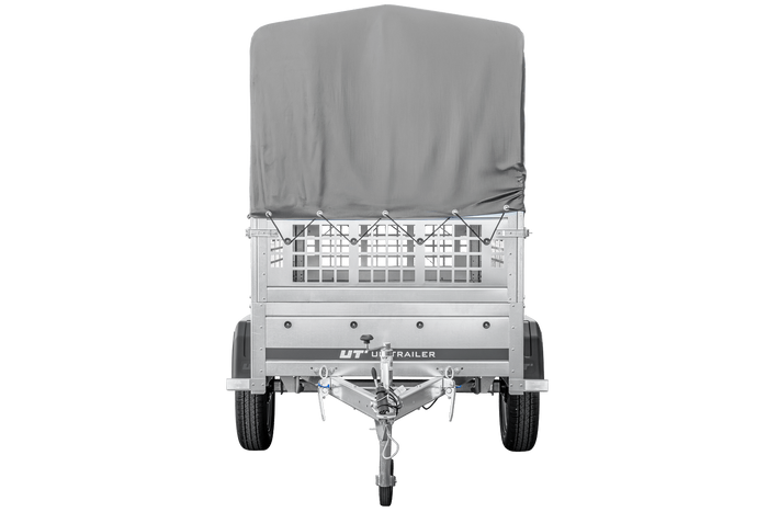 Autotransportanhänger 200x106 UNITRAILER GARDEN 200 KIPP mit Gitterwänden, H-800 Rahmen und grauer Plane