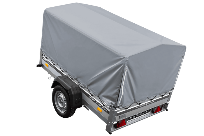 Autotransportanhänger auf Federn mit Aluminiumseitenwänden 200x125 Unitrailer Garden 201/R KIPP ALU mit H-800 Rahmen und grauer Plane