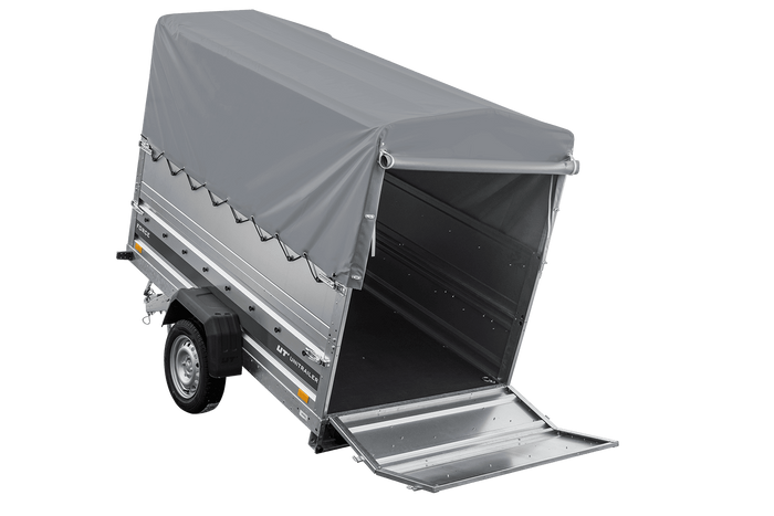 Autotransportanhänger 230x125 UNITRAILER FORCE 230 KIPP mit BIS-Seitenwänden, H-800-Rahmen und grauer Plane