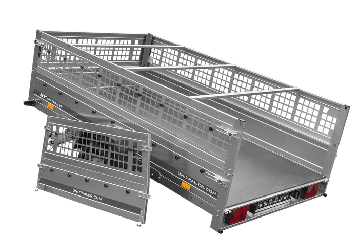 Anhänger 264x150 UNITRAILER GARDEN 265 KIPP mit Gitteraufsatz, Flachplanenträgern und blauer Plane