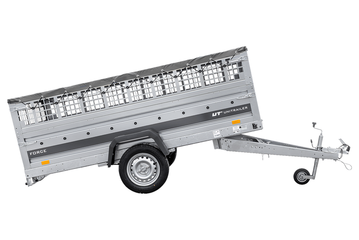 Einachsiger Anhänger auf Blattfedern 264x125 UNITRAILER FORCE 264/R KIPP mit Gitterseitenwänden, H-0-Rahmen und grauer Plane