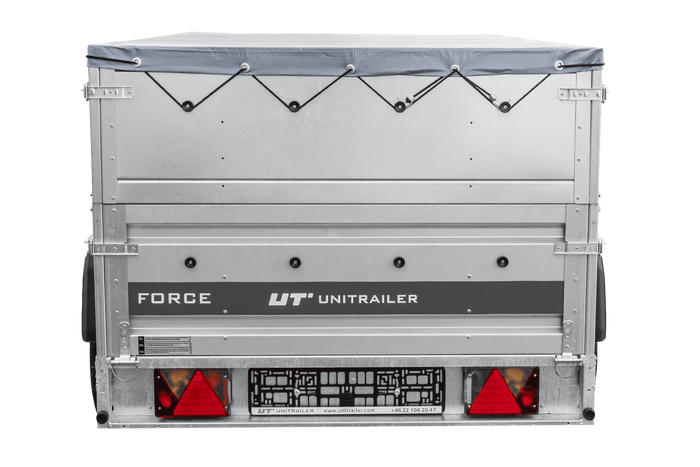 Autotransportanhänger auf Federn 230x125 UNITRAILER FORCE 230/R KIPP mit BIS-Seitenwänden, H-0-Rahmen und grauer Plane