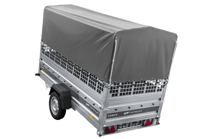 Autotransportanhänger auf Federn 264x125 UNITRAILER FORCE 264/R KIPP mit Gitterwänden, H-800 Rahmen und grauer Plane