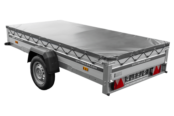 Autotransportanhänger mit Aluminiumseitenwänden 264x125 Unitrailer Garden 264 KIPP ALU mit H-0-Rahmen und grauer Plane