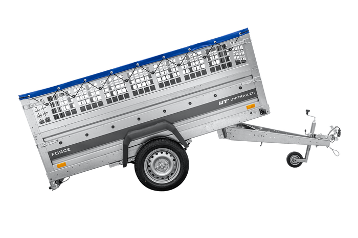 Leichter Anhänger auf Federn 230x125 UNITRAILER FORCE 230/R KIPP mit Gitterwänden, H-0-Rahmen und blauer Plane